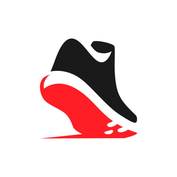 Running shoe symbol on white backdrop Sports running shoe symbol on white backdrop. Design element workout logo stock illustrations