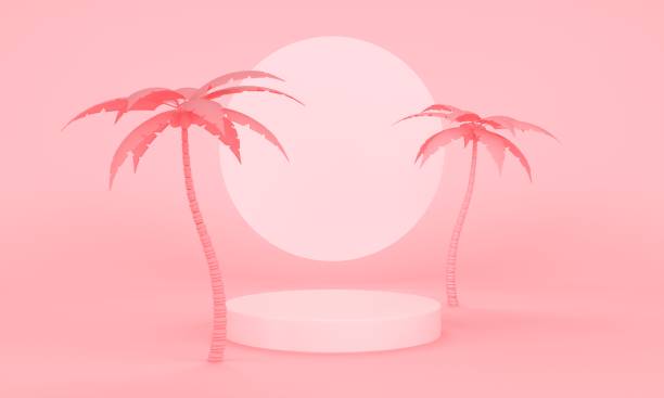 istock Geometric pink abstract background with palm trees and pink platform. 3d rendering 1317269992