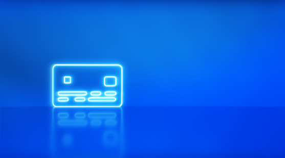 Credit card icon of neon light on blue background. e-business, pay online concept.