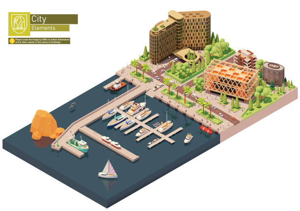 Vector isometric marina, sailboats and yacht harbor Vector isometric marina, sailboats and yacht harbor. City street, buildings and seaport. Docked or moored yachts, boats and speedboats near hotel building floating platform stock illustrations