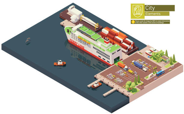 Vector isometric ferry ship unloading or at the port Vector isometric ferry ship unloading or at the port. Docked ferry with open gates and ramp unloading cars and trucks ferry stock illustrations