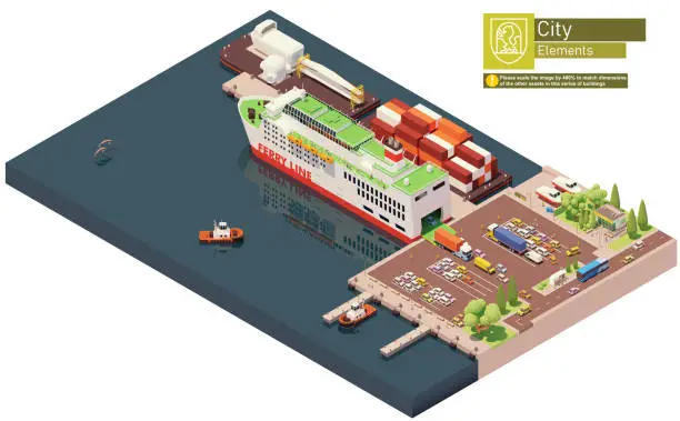 Vector illustration of Vector isometric ferry ship unloading or at the port