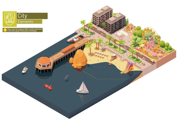 ilustraciones, imágenes clip art, dibujos animados e iconos de stock de muelle de playa isométrico vectorial y parque de atracciones - isometric sea coastline beach