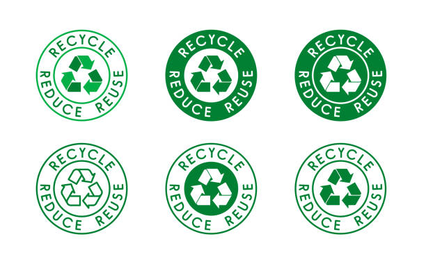 Reduce, reuse, recycle sign set. Ecology, zero waste, sustainability, conscious consumerism, renew, concept. Six different green recycle, reduce, reuse logos. Vector illustration, flat style, clip art recycling stock illustrations