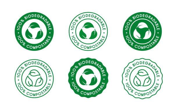 100% biologisch abbaubar, 100% kompostierbares symbol, zeichen, logo-set. - recycling recycling symbol symbol sign stock-grafiken, -clipart, -cartoons und -symbole