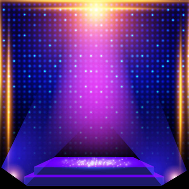 istock Shining abstract mosaic background with blue glow spotlights, platform and bokeh. Design for presentation, concert, show 1317274258