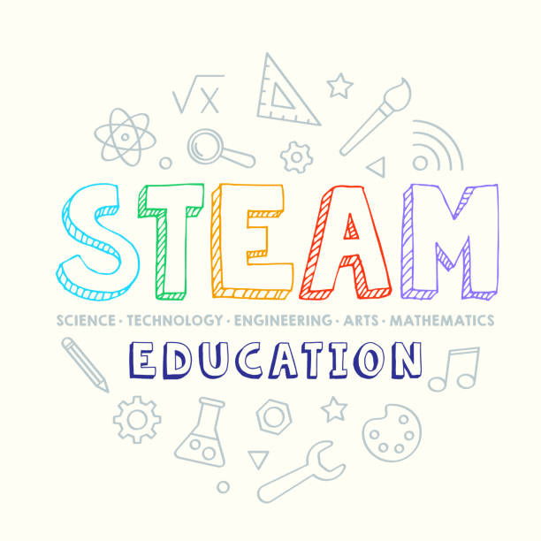 ilustraciones, imágenes clip art, dibujos animados e iconos de stock de educación steam, aprendizaje - ciencia, tecnología, ingeniería, artes, matemáticas, diseño de vectores - investigación en ciencia tecnología ingeniería y matemáticas