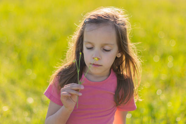 Curious little boy walks among yellow flowers in a sunny park