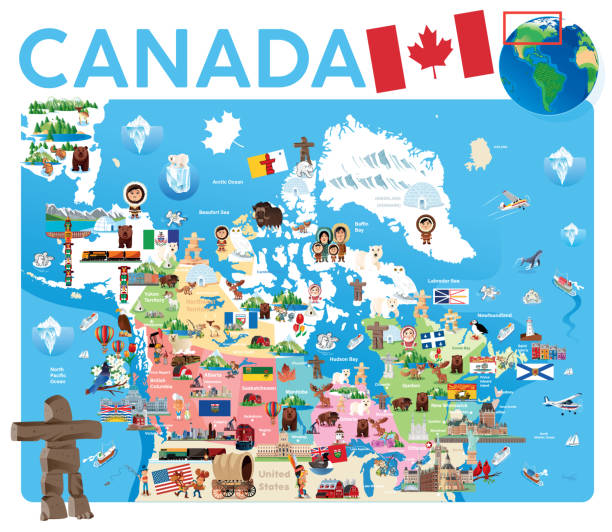 illustrazioni stock, clip art, cartoni animati e icone di tendenza di mappa di viaggio del canada - canadian flag canadian culture canada people