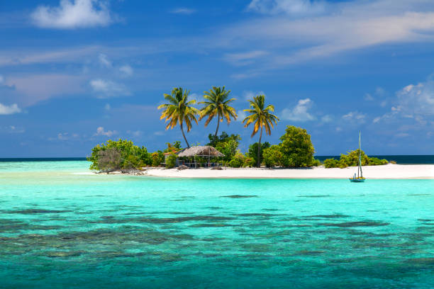 Remote location desert island A desert island with a shade hut for fishermans on it in Maldives. castaway stock pictures, royalty-free photos & images