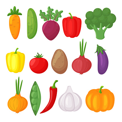 ✓ Imagen de Vegetales y frutas vector dibujos animados iconos planos  establecidos aislados sobre un fondo blanco. Fotografía de Stock