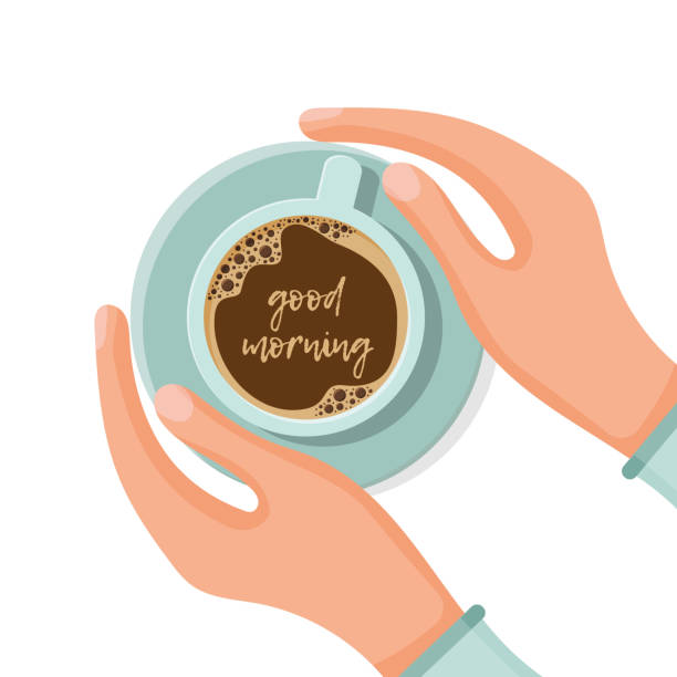 ilustrações de stock, clip art, desenhos animados e ícones de cup of tea or coffee in hands. woman warming hands touching a hot cup of tea or coffee. time relax. vector illustration flat design. isolated on background. vector illustration - coffee top view