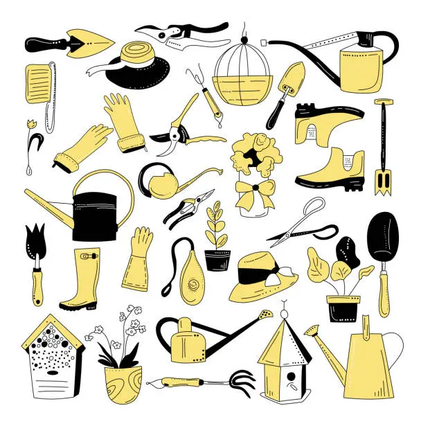 Vector illustration of Gardening equipment and tools in doodle style. Hand drawn set for planting and seedling.Eco hobby.Illustration with pruner, watering can, clothes, trowel.