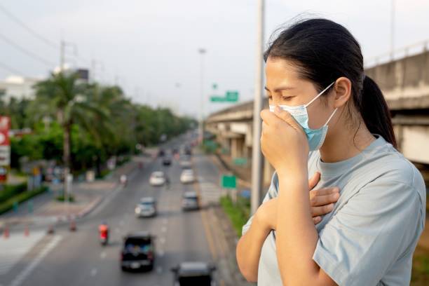 istock A woman wearing a surgical mask is standing on a flyover. 1317281956