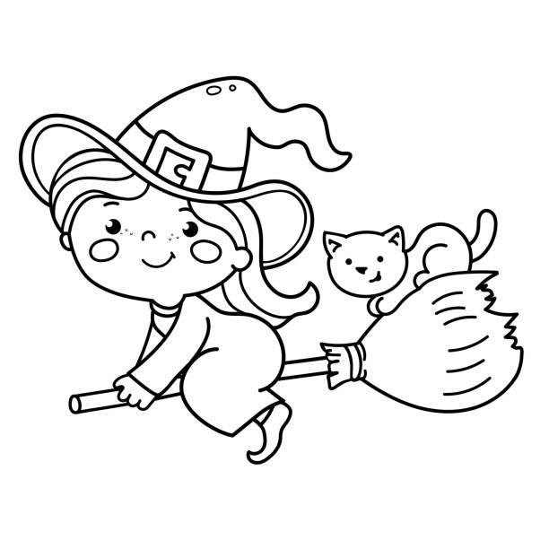 Coloring Page Outline Of Cartoon Little Witch On A Broom With A Pot And  With A Cat Halloween Coloring Book For Kids Stock Illustration - Download  Image Now - iStock