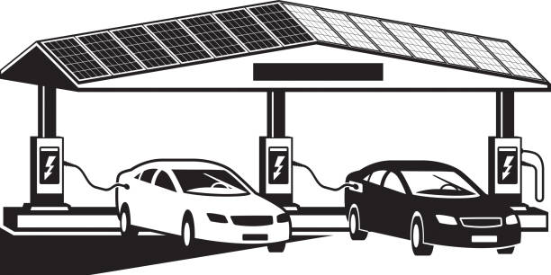 Electric vehicles at charging station with photovoltaic panels Electric vehicles at charging station with photovoltaic panels – vector illustration audi stock illustrations