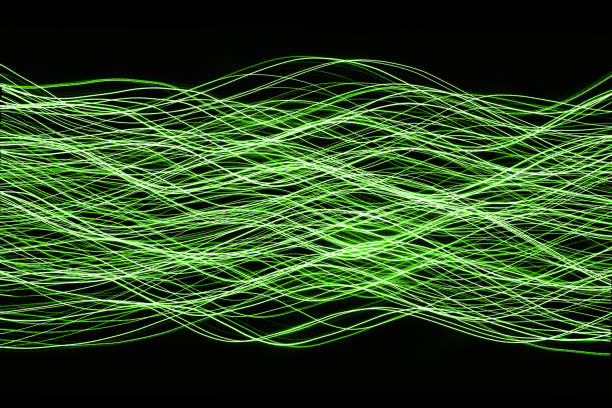 istock Sinusoidal wave chaos texture. Neon lights background. Motion lines texture. Green neon. Long exposure moving light pattern. 1317284679