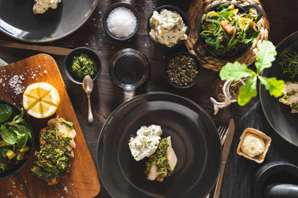 Food on the plate at dinner seen from above