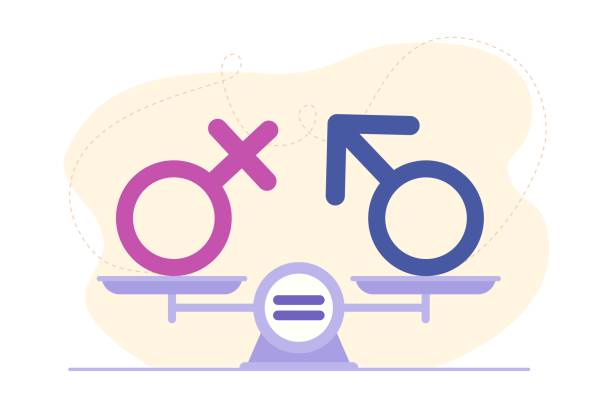 Gender equality concept. Male and female gender sign on scales. Gender equality concept. Male and female gender sign on scales. Symbol of confidence, teamwork, success and achievement. Flat cartoon style illustration. Design for landing page, web, flyer gender equality stock illustrations
