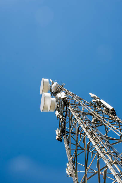 istock Radio, communication and cell tower on blue sky background 1317285843