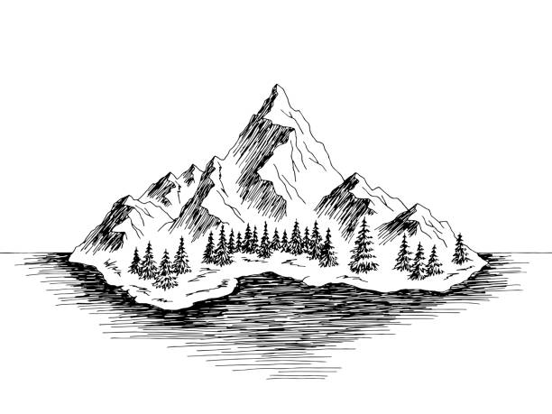 illustrazioni stock, clip art, cartoni animati e icone di tendenza di isola montagna grafica bianco nero paesaggio disegno illustrazione vettore - mountain landscape mountain peak small