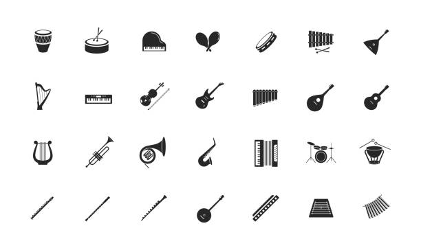 Icon set of musical instruments. Drum section, wind instruments, strings, percussion. Icon set of musical instruments. Drum section, wind instruments, strings, percussion. Vector flat design black symbols of music isolated on transparent background. accordion instrument stock illustrations