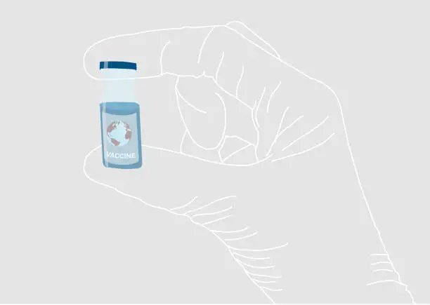 Vector illustration of A gloved hand pwith a vaccine. Vaccine for all