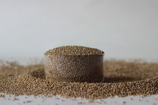 A spread of Paspalum scrobiculatum grains, commonly called Koda millet, is an annual grain that is grown primarily in Nepal, India, East Asia and in West Africa from where it originated.