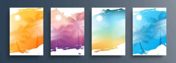 Vector illustration of Summertime backgrounds set with palm trees, summer sun and brush strokes for your graphic design. Sunny Days.