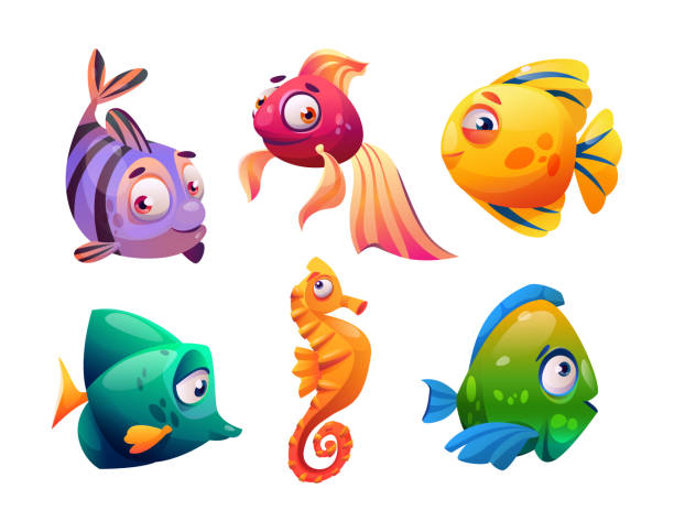 Fish and seahorses isolated cartoon characters set. Vector marine underwater animals, aquarium tank pets collection. Freshwater, saltwater exotic fauna. Fishery mascots, decorative tropical creatures Fish and seahorses isolated cartoon characters set. Vector marine underwater animals, aquarium tank pets collection. Freshwater, saltwater exotic fauna. Fishery mascots, decorative tropical creatures frehwater stock illustrations