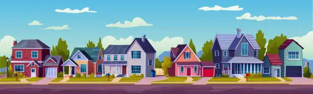 Vector illustration of Urban or suburban neighborhood at night, houses with lights, late evening or midnight. Vector homes with garages,trees and driveway. Suburb village landscape with cottage buildings, street lamps