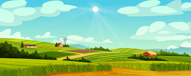 Green fields landscape of farmland, barns and farms, rural houses and windmills. Vector pasture with buildings, green grass, meadows and trees, blue sky on background. Country agriculture farmland