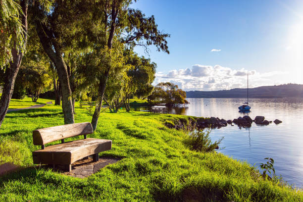 Comfortable wooden bench. The largest Lake Taupo in New Zealand. The magnificent lake is a popular holiday destination for tourists. Warm evening on the lake. Magnificent sunset.