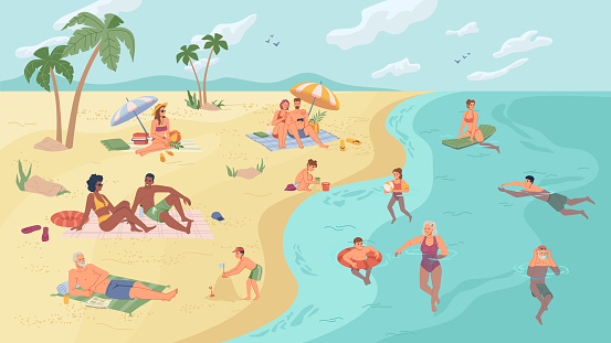 People on beach or seashore relaxing, swimming and sunbathing, summertime activities flat cartoon vector illustration. Young, adult senior man woman rest under palms, kids playing, build sandy castles