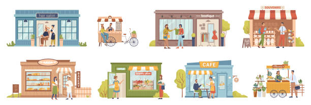중소기업 및 건물 세트, 상점과 상점, 카페 및 이발소, 구매자 및 공급 업체, 고객. 벡터 식료품점 및 빵집, 커피 카페, 이발소, 꽃 가게, 부티크 - retail occupation stock illustrations