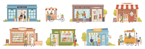 stockillustraties, clipart, cartoons en iconen met kleine zakenmensen en gebouwen, winkels en winkels, café en kapperszaak, kopers en verkopers, klantenklanten. vector kruidenierswinkel en bakkerij, koffiecafé, kapperszaak, bloemenwinkel, boetiek - cafe