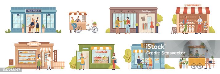istock Small business people and building set, shops and stores, cafe and barbershop, buyers and vendors, clients customers. Vector grocery store and bakery, coffee cafe, barbershop, flower store, boutique 1317288977