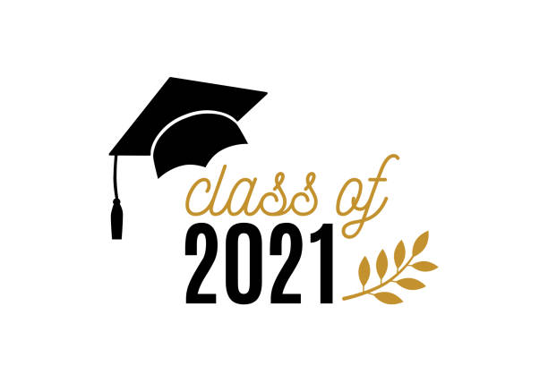 Class of 2021 graduation badge concept Class of 2021 graduation badge concept with hat, laurel, numbers on white background. Vector template for an invitation, banner, poster, postcard, shirt, print, seal, stamp, greeting card. mortarboard stock illustrations