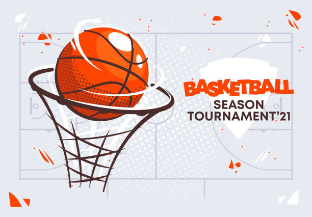 illustrazioni stock, clip art, cartoni animati e icone di tendenza di illustrazione vettoriale di una palla da basket in un canestro da basket, torneo di basket - palla da pallacanestro