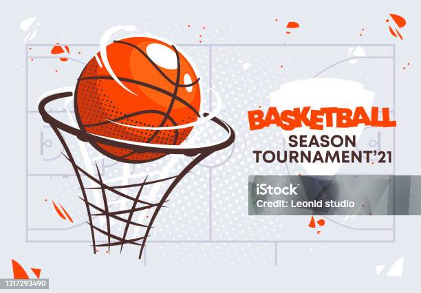 Vector Illustration Of A Basketball Ball In A Basketball Basket Basketball Tournament - Arte vetorial de stock e mais imagens de Basquetebol
