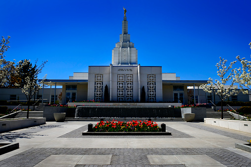 Idaho Falls LDS Mormon Latter Day Saint Temple with Blue Sky Religion Religious Worship
