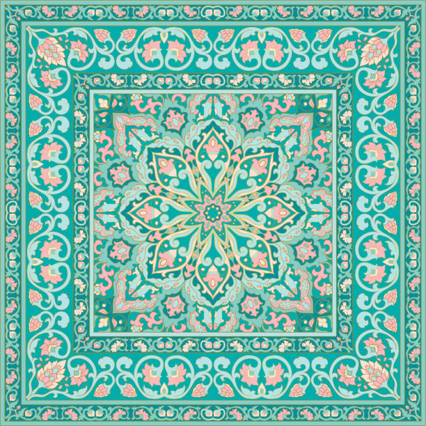 illustrations, cliparts, dessins animés et icônes de tapis turquoise et rose. - textile pattern rug floral pattern