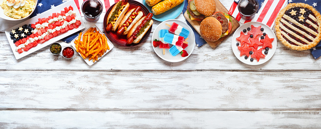 Fourth of July, patriotic, American themed food. Above view top border on a white wood banner background. Copy space.