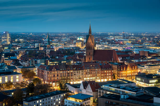 city scape of hanover with skyline, germany during blue hour