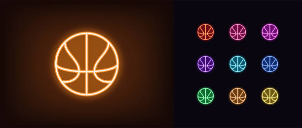 Neon basket ball icon. Glowing neon basketball sign, outline ball pictogram Neon basket ball icon. Glowing neon basketball sign, outline ball pictogram in vivid color. Online game, sport match, tournament, live broadcast and stream. Vector icon set, sign, symbol for UI basketball sport street silhouette stock illustrations