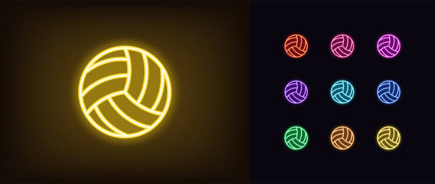 illustrations, cliparts, dessins animés et icônes de icône de boule de volley-ball de néon. signe lumineux de volleyball de néon, pictogramme de bille de contour - volleyball silhouette volleying beach volleyball