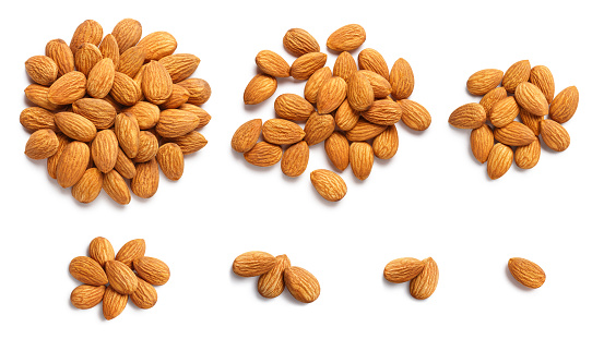 Delicious almonds set, isolated on white background