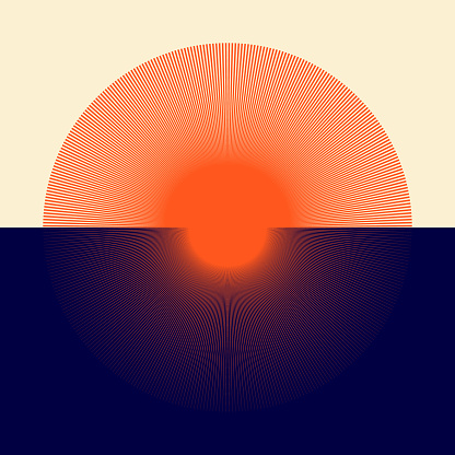 Orange sun with rays over yellow and blue background. Minimal sunset concept.