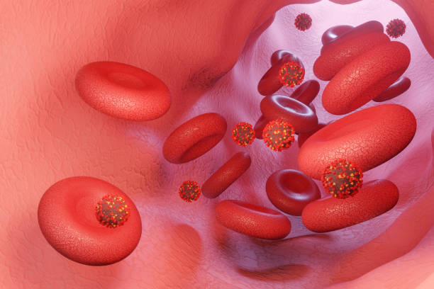 istock Microscope virus attack blood close up concept art . Virus attacking red blood cells , 3d render 1317301412