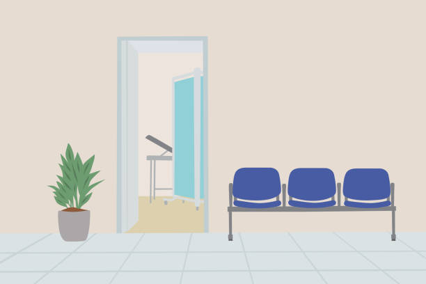illustrazioni stock, clip art, cartoni animati e icone di tendenza di sala d'attesa in ospedale con posti blu vuoti fuori dall'ufficio del medico. - clinica medica
